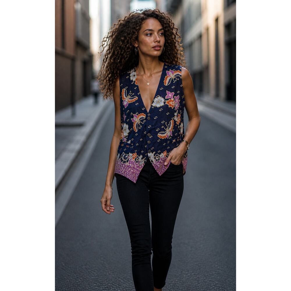 Arise Cotton Vest L Butterfly Floral Boho Button Front Lightweight Top